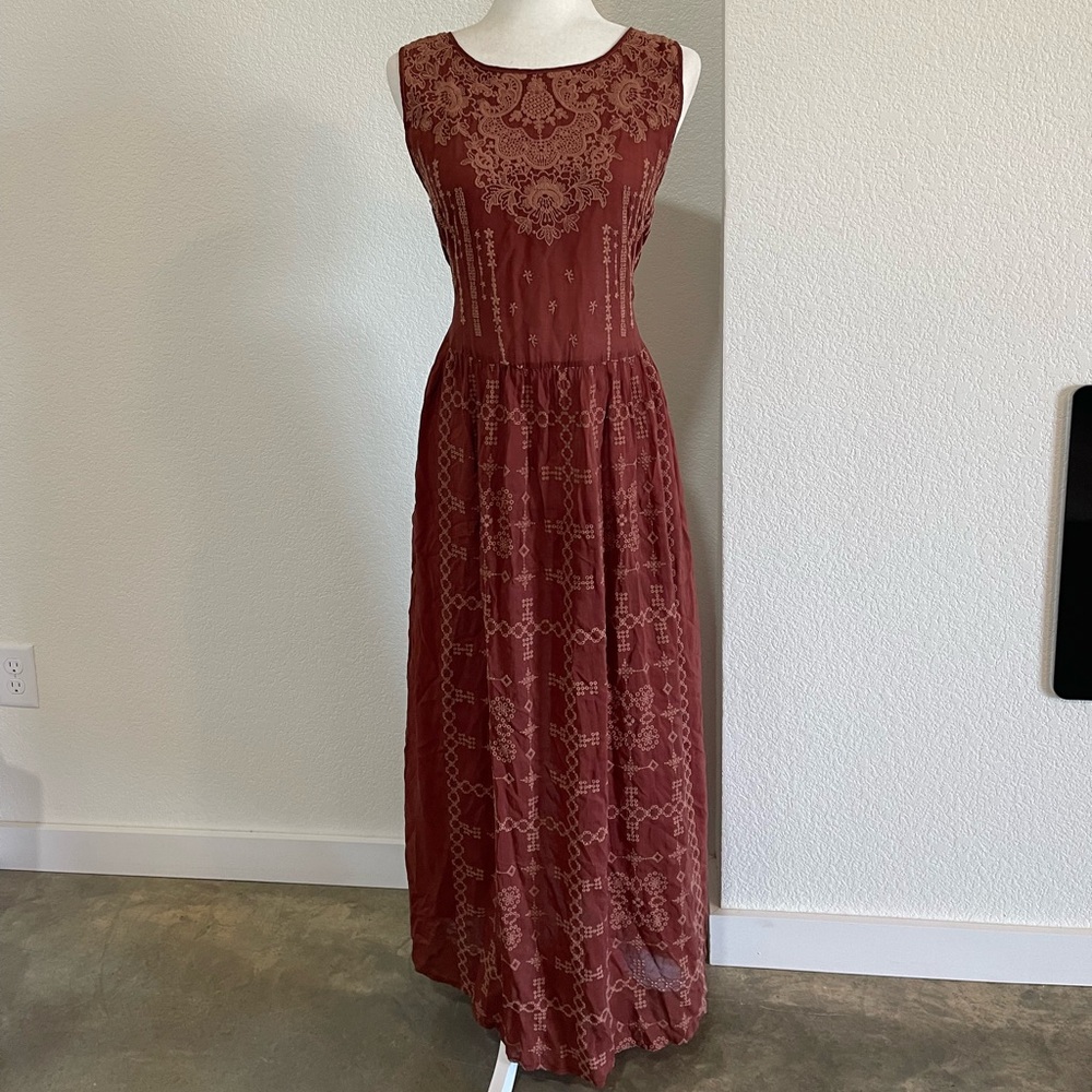Johnny Was Brown Embroidered Sleeveless Maxi Dress Women’s Medium Boho Long - Picture 9 of 9
